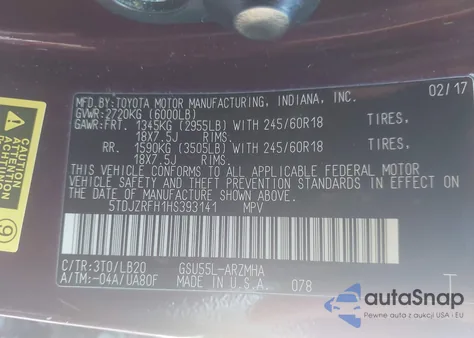 2017 Toyota Highlander Xle из США, поврежденный, VIN 5TDJZRFH1HS393141